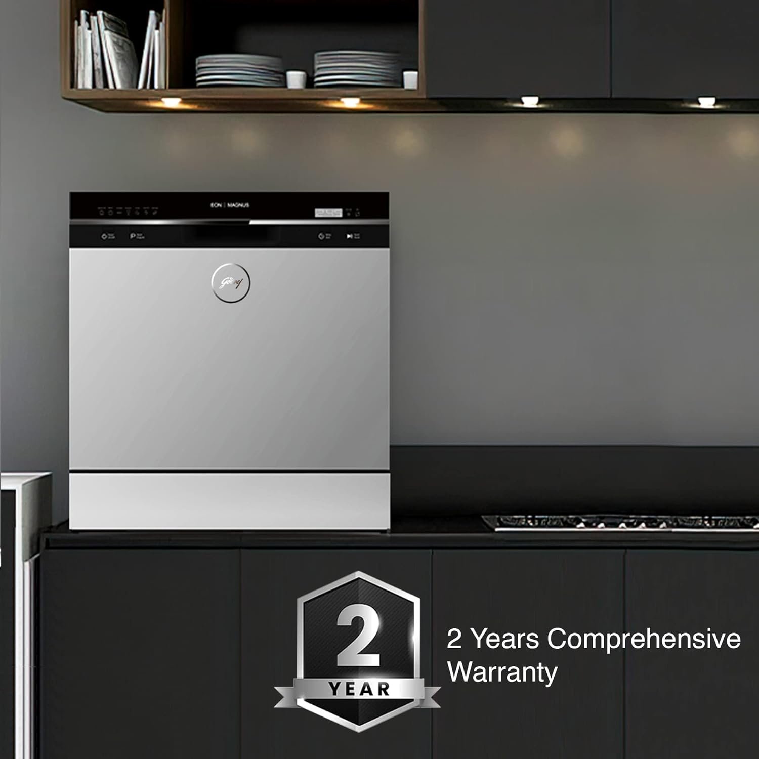 Godrej Eon Dishwasher | 8 Place Setting Counter-Top | Compact with an In-built heater (DWT EON MGNS 8C NF SKSL, Silky Silver) | Perfect for Indian kitchens and smaller families