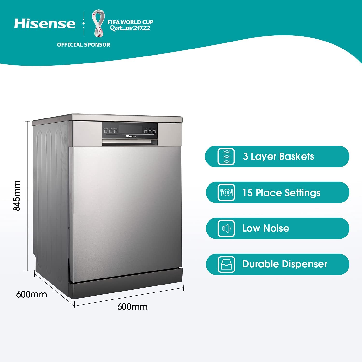 Hisense 15 Place Settings Dishwasher (H15DSS, Silver,Stainless Steel, Inbuilt Heater,Quick Wash)