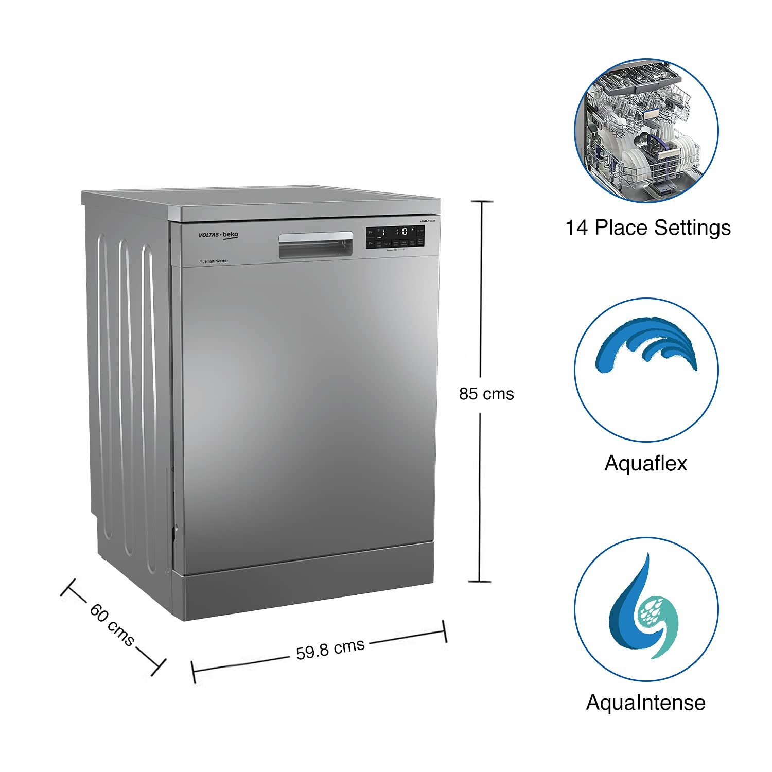 Voltas Beko 14 Place Setting Dishwasher, AquaFlex, AquaIntense (DF14S2,Silver)