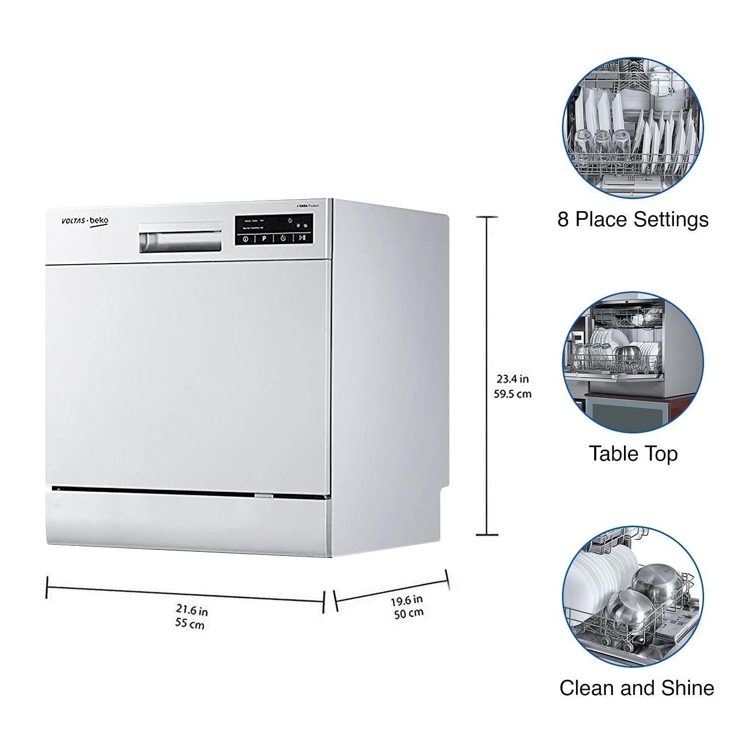 Voltas Beko 8 Place Settings Table Top Dishwasher (DT8S, Silver, Inbuilt Heater)