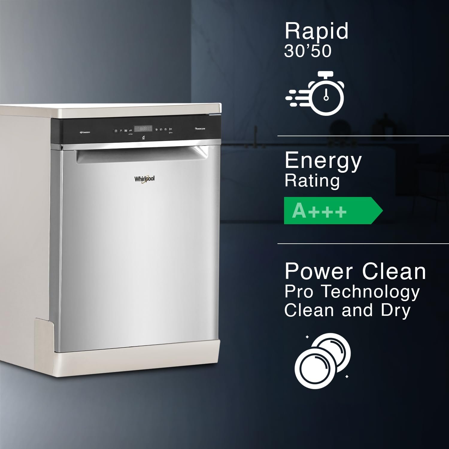 Whirlpool 14 Place Settings PowerClean Pro Technology Dishwasher (WFO3O33 DLX IN, Inox, 30% extra space, 11 wash Programs, Clean and Dry in 1hour)