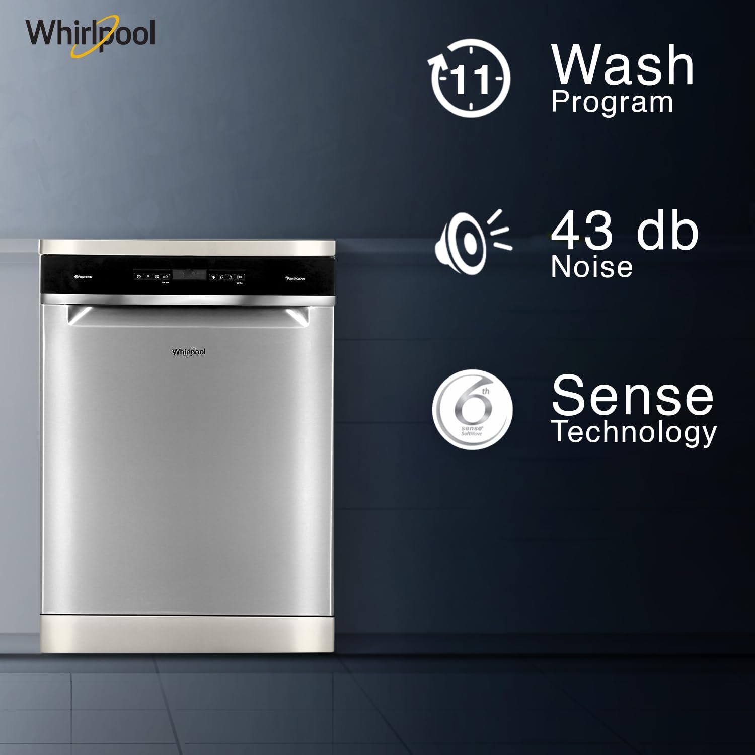 Whirlpool 14 Place Settings PowerClean Pro Technology Dishwasher (WFO3O33 DLX IN, Inox, 30% extra space, 11 wash Programs, Clean and Dry in 1hour)